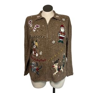 Victoria Jones Womens Ugly Christmas Sweater Zip Up Cardigan Santa Reindeer Tree